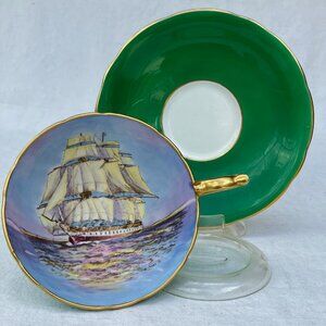 Aynsley Doris Jones Emerald Green Clipper Ship Footed Teacup and Saucer